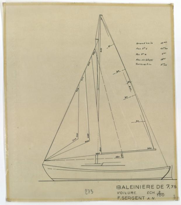 PLAN DE VOILURE/GREEMENT - BALEINIERE 7,75 M NIDJOUM (1952)